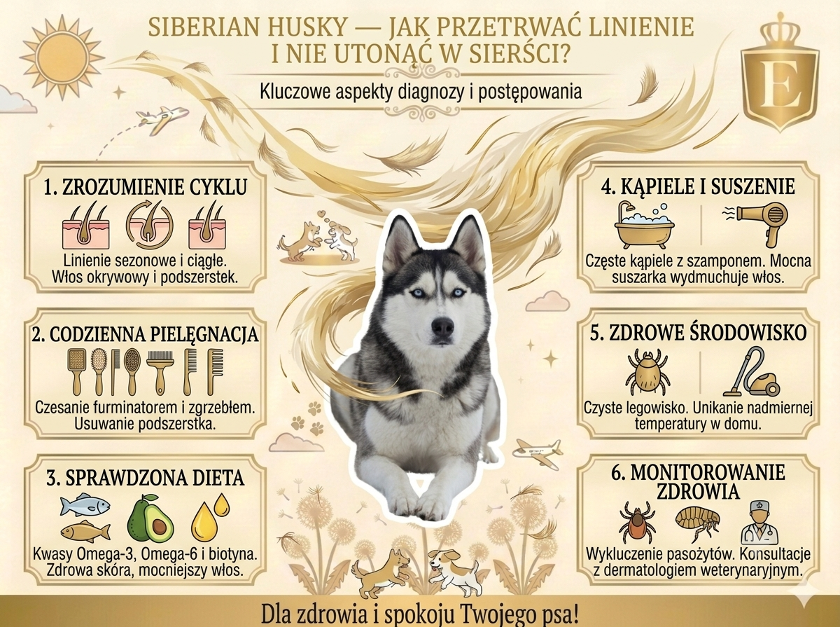 Infografika przedstawiająca najważniejsze sposoby radzenia sobie z linieniem Siberian Husky. W centrum znajduje się husky na tle unoszącej się sierści. Grafika omawia sześć kluczowych zagadnień: zrozumienie cyklu linienia i budowy sierści, codzienną pielęgnację z użyciem szczotek i zgrzebła, odpowiednią dietę bogatą w kwasy omega-3, omega-6 i biotynę, kąpiele oraz suszenie wspomagające usuwanie podszerstka, utrzymanie zdrowego środowiska w domu oraz monitorowanie stanu zdrowia psa pod kątem pasożytów i problemów dermatologicznych. Infografika wyjaśnia, jak ograniczyć ilość sierści w domu i wspierać zdrową skórę oraz okrywę włosową husky.